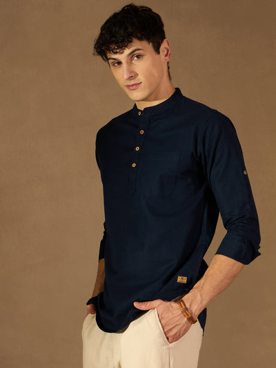 DENNISON Men Navy Blue Solid Straight Pure Cotton Short Kurta