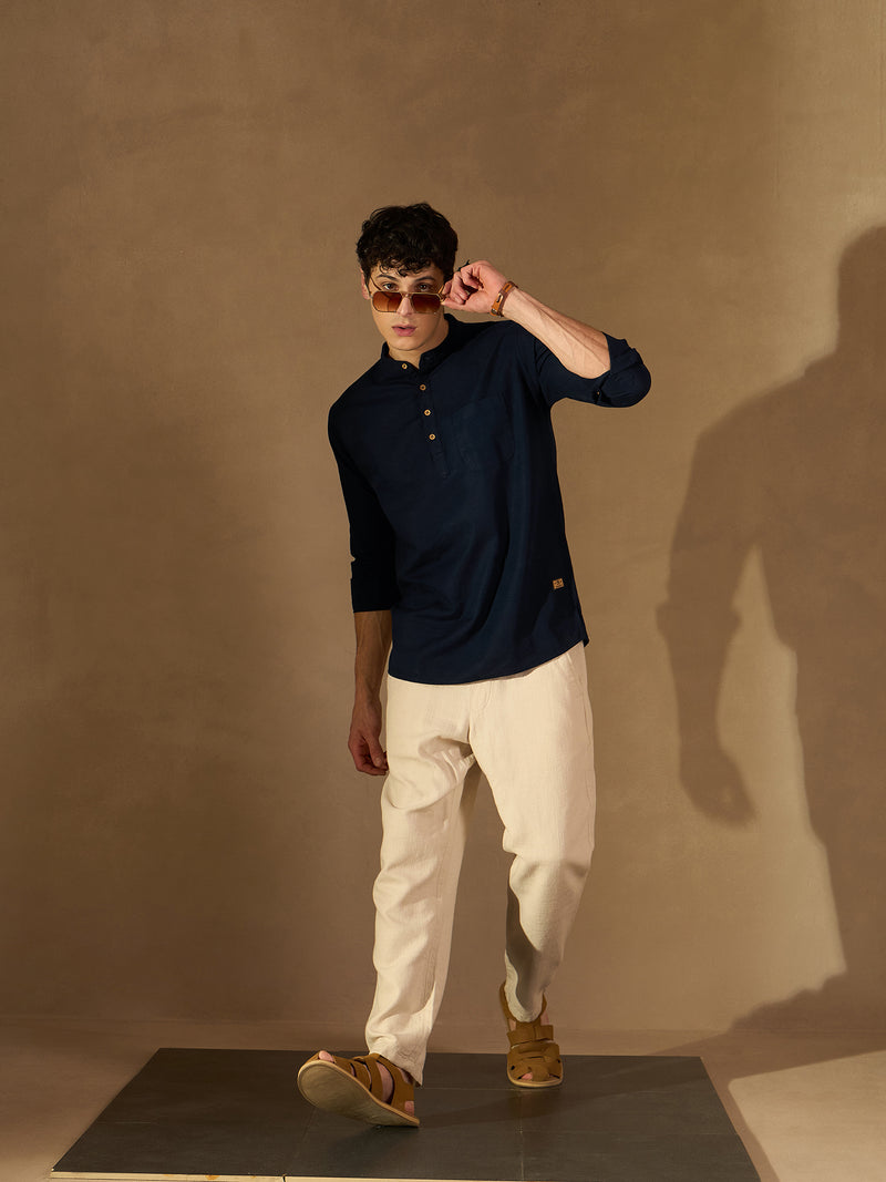 DENNISON Men Navy Blue Solid Straight Pure Cotton Short Kurta
