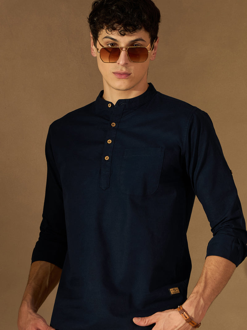 DENNISON Men Navy Blue Solid Straight Pure Cotton Short Kurta