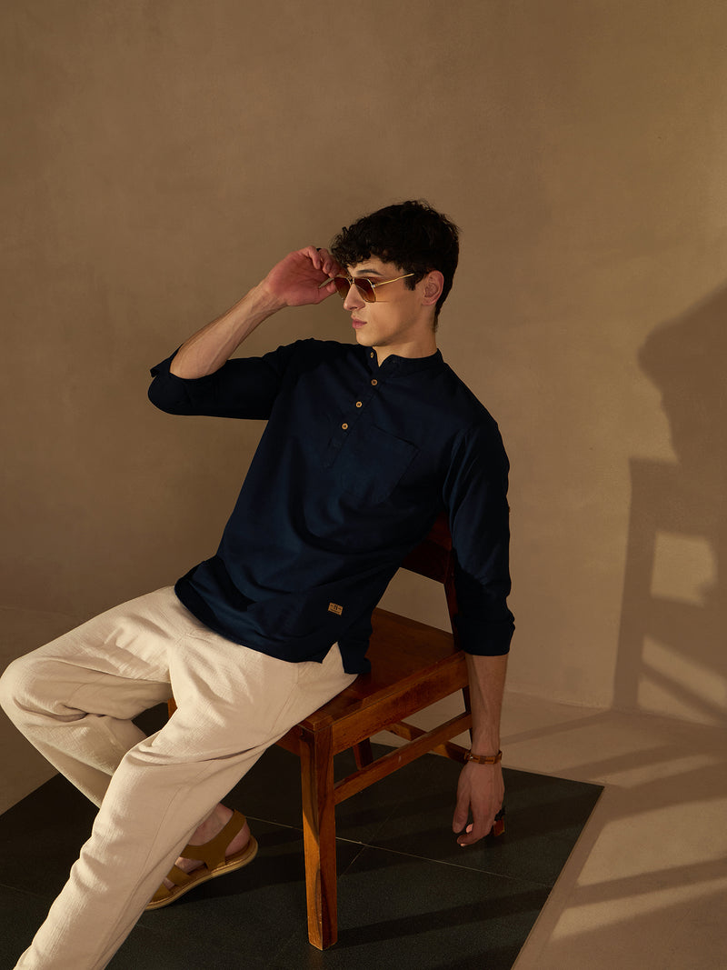 DENNISON Men Navy Blue Solid Straight Pure Cotton Short Kurta