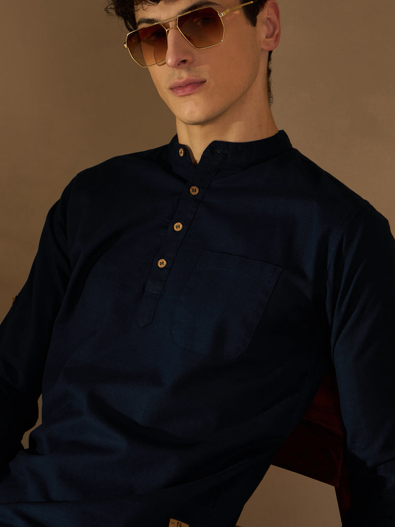 DENNISON Men Navy Blue Solid Straight Pure Cotton Short Kurta