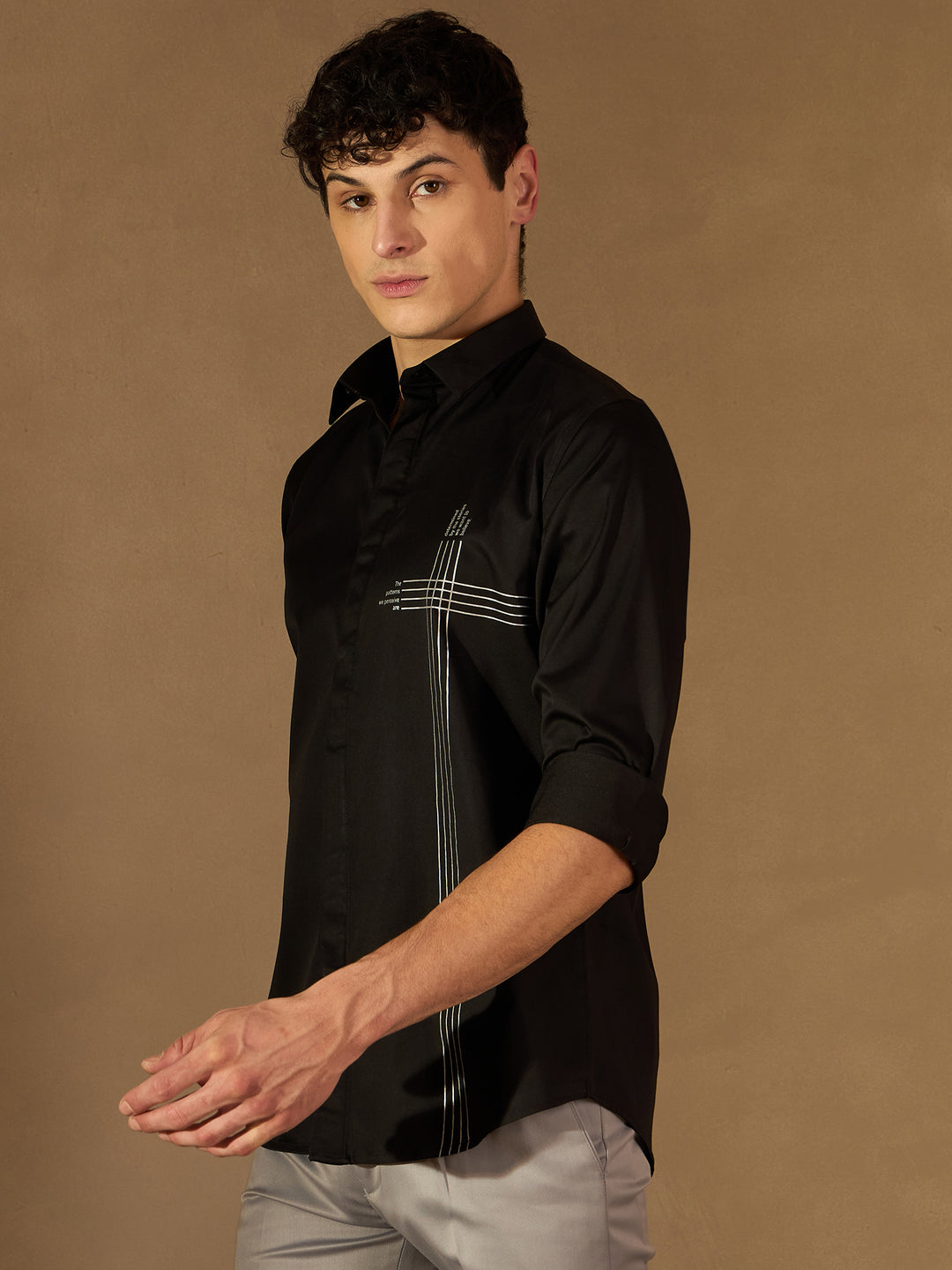 DENNISON Men Black Spread Collar Smart Opaque Party Shirt