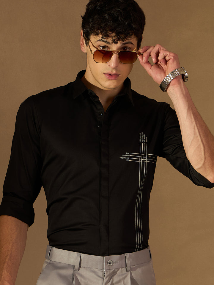 DENNISON Men Black Spread Collar Smart Opaque Party Shirt