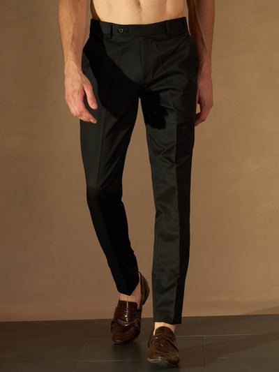DENNISON Men Black Solid Smart Flex-Waist Tapered Fit Easy Wash Cotton Trousers