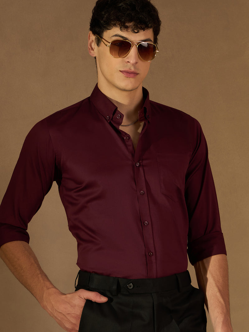 DENNISON Men Burgundy Twill Comfort Regular Fit Solid Formal Shirt