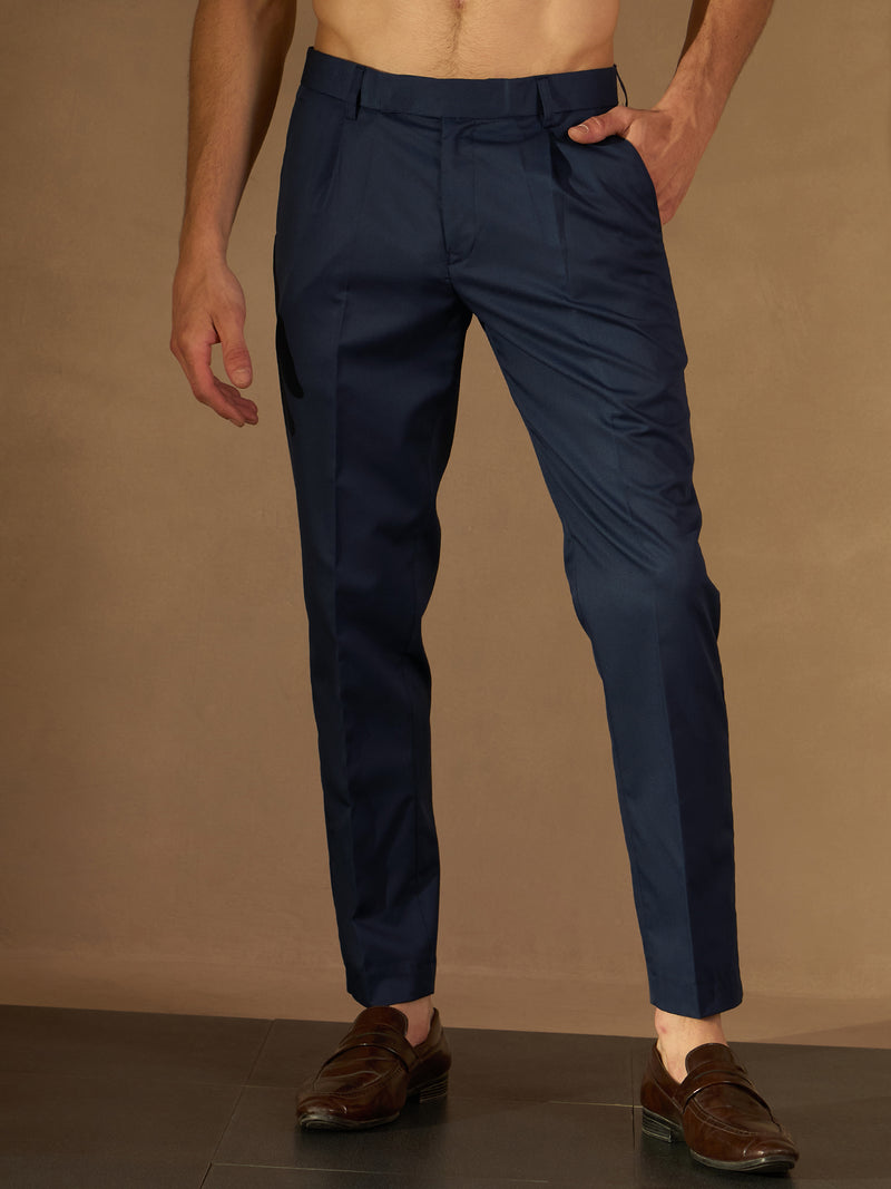 DENNISON Men Navy Blue Solid Smart Tapered Fit Easy Wash Pleated Cotton Formal Trousers