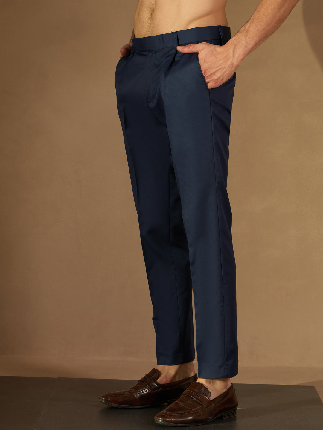 DENNISON Men Navy Blue Solid Smart Tapered Fit Easy Wash Pleated Cotton Formal Trousers