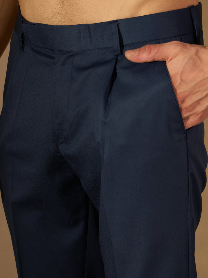 DENNISON Men Navy Blue Solid Smart Tapered Fit Easy Wash Pleated Cotton Formal Trousers