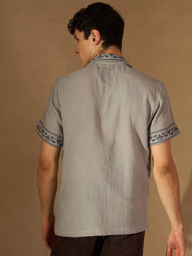 Gray: Half Sleeves Muslin Embroidery Shirt