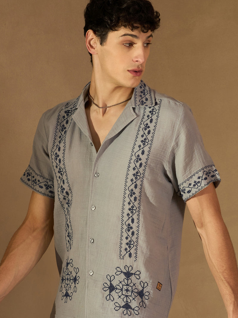 Gray: Half Sleeves Muslin Embroidery Shirt