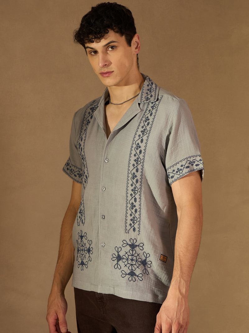 Gray: Half Sleeves Muslin Embroidery Shirt