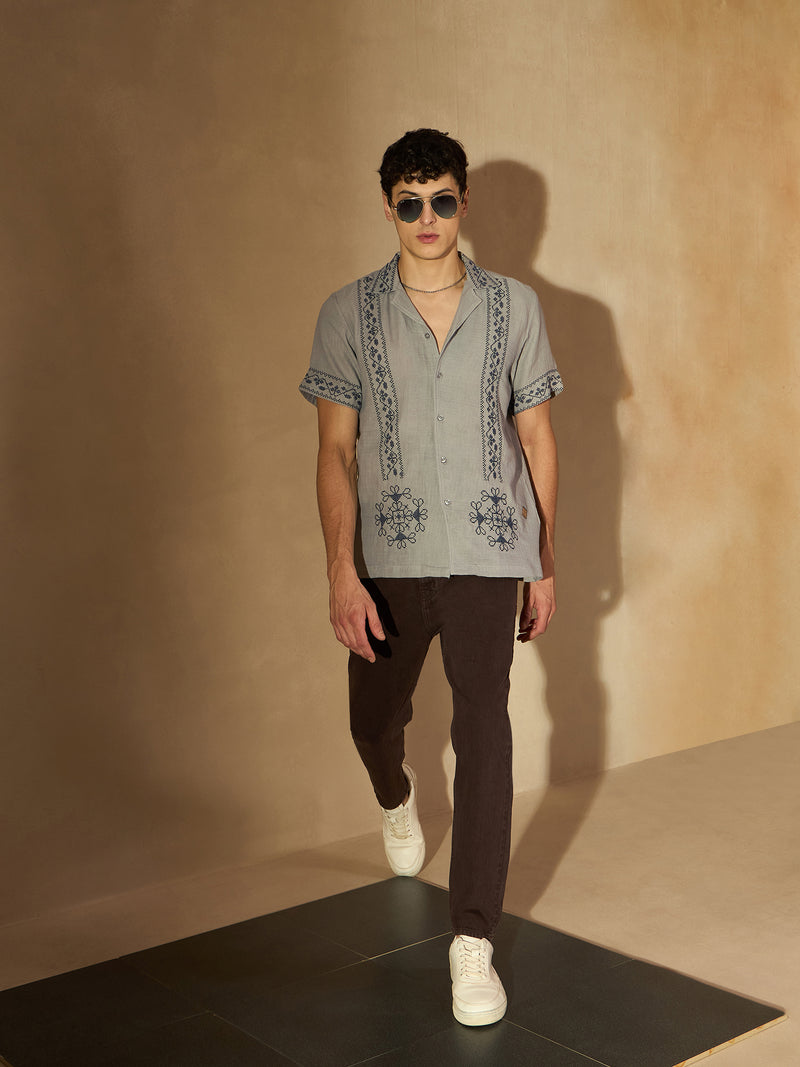 Gray: Half Sleeves Muslin Embroidery Shirt