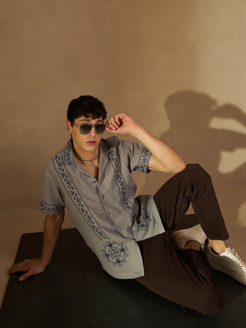 Gray: Half Sleeves Muslin Embroidery Shirt