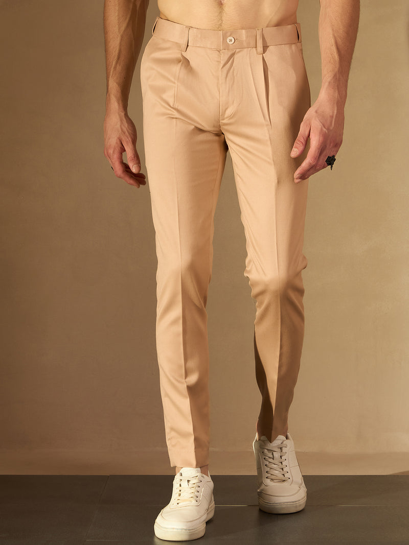Beige Auto Fit Flexi Waist Pleated Trouser