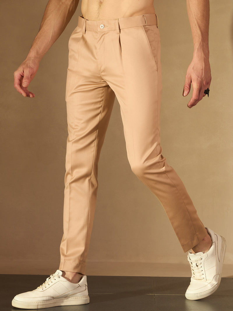 Beige Auto Fit Flexi Waist Pleated Trouser
