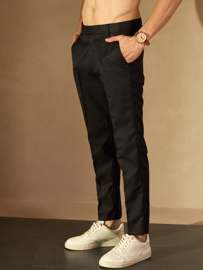 Men Black Tapered Fit Cropped Trousers