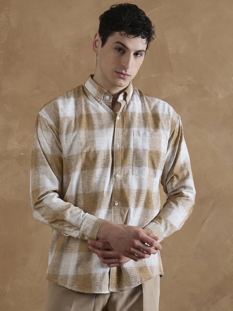 Light Brown & White: Full Sleeves Check Shirt