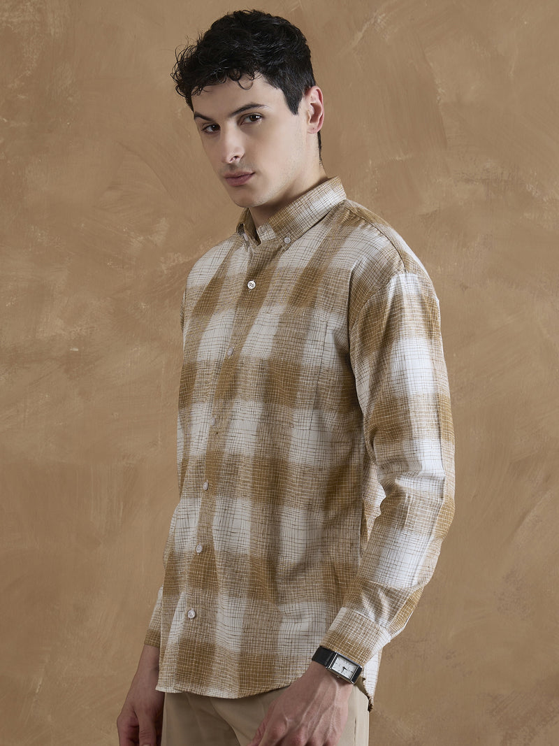 Light Brown & White: Full Sleeves Check Shirt