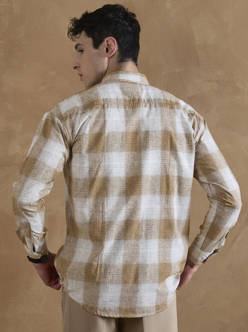 Light Brown & White: Full Sleeves Check Shirt