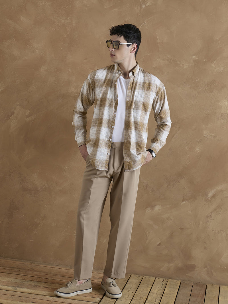 Light Brown & White: Full Sleeves Check Shirt