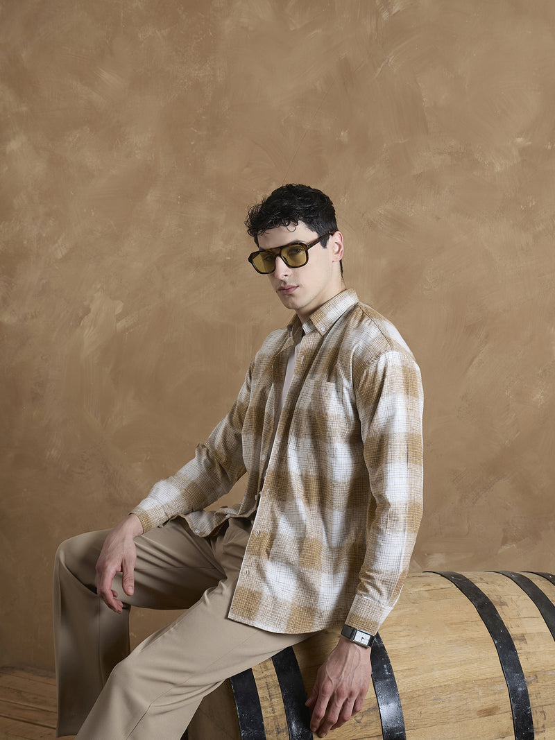 Light Brown & White: Full Sleeves Check Shirt