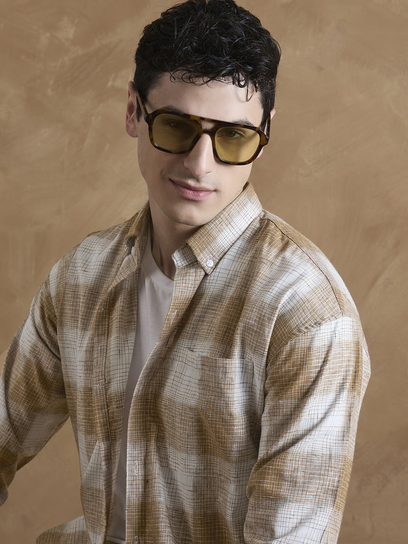 Light Brown & White: Full Sleeves Check Shirt