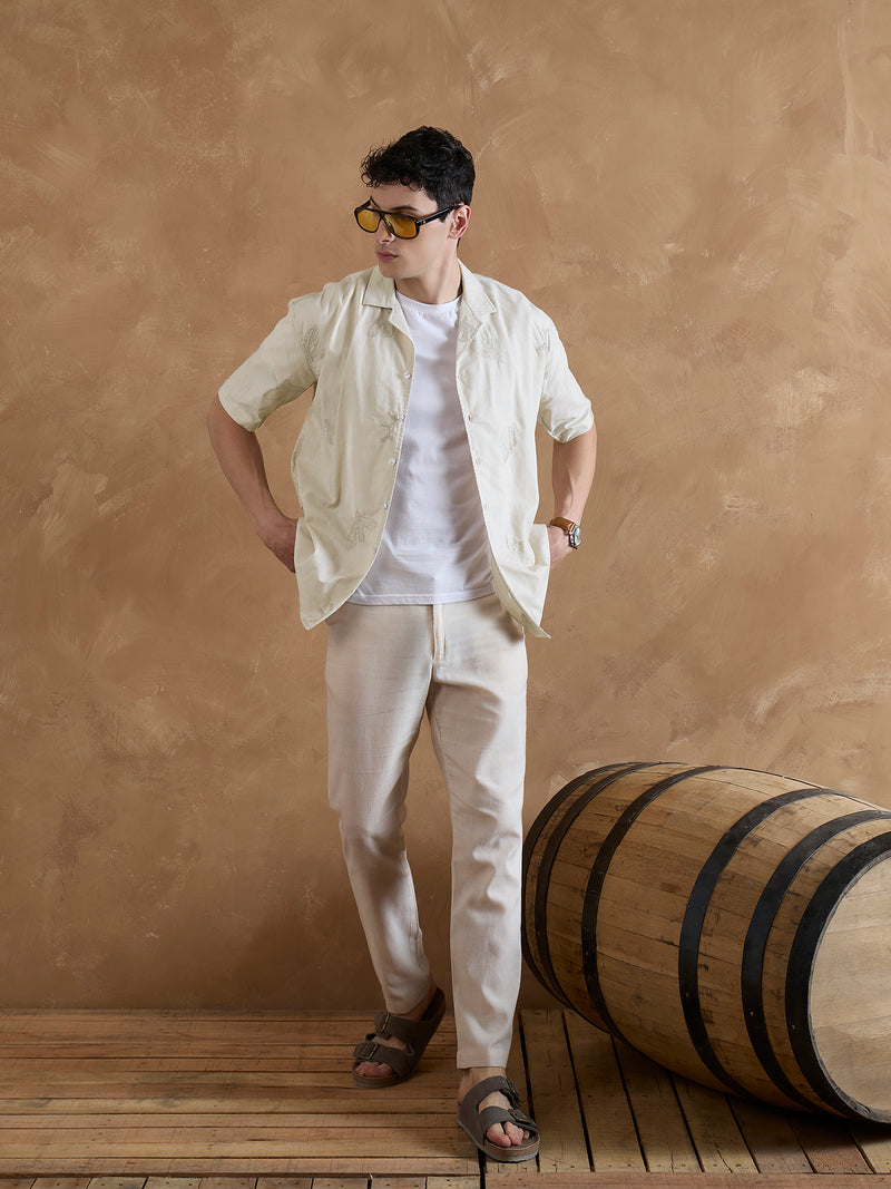 Beige: Half Sleeves Embroidered Shirt