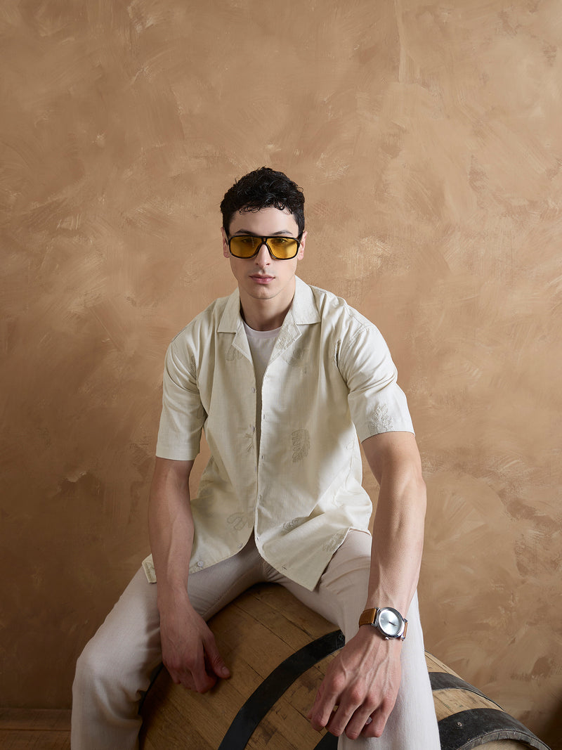 Beige: Half Sleeves Embroidered Shirt