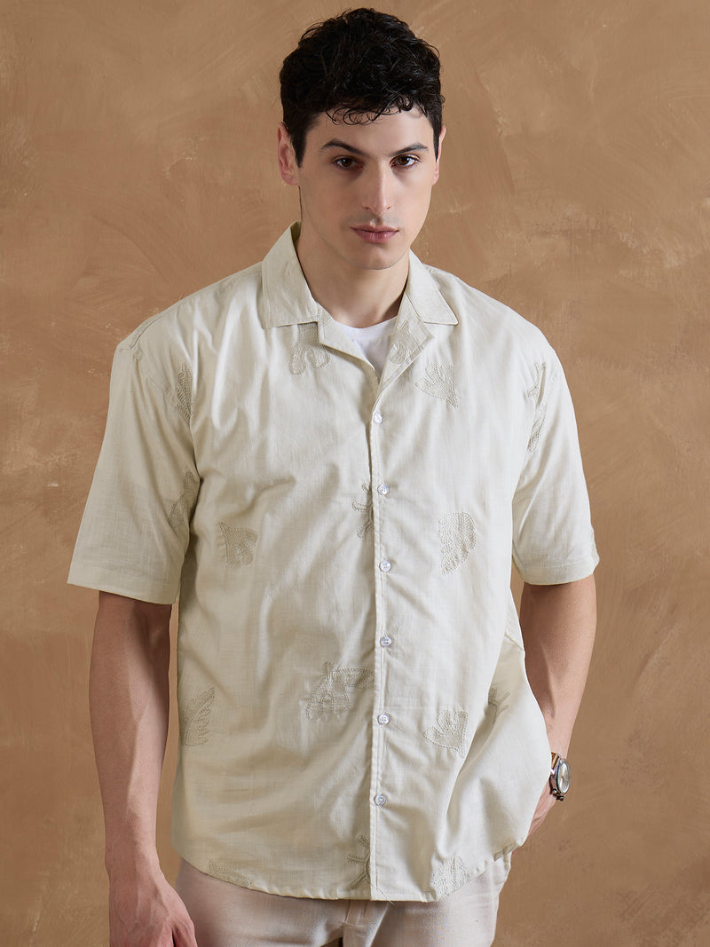 Beige: Half Sleeves Embroidered Shirt