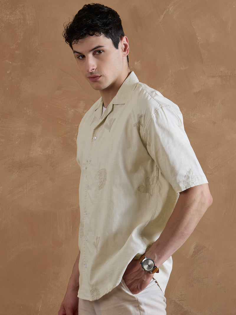 Beige: Half Sleeves Embroidered Shirt