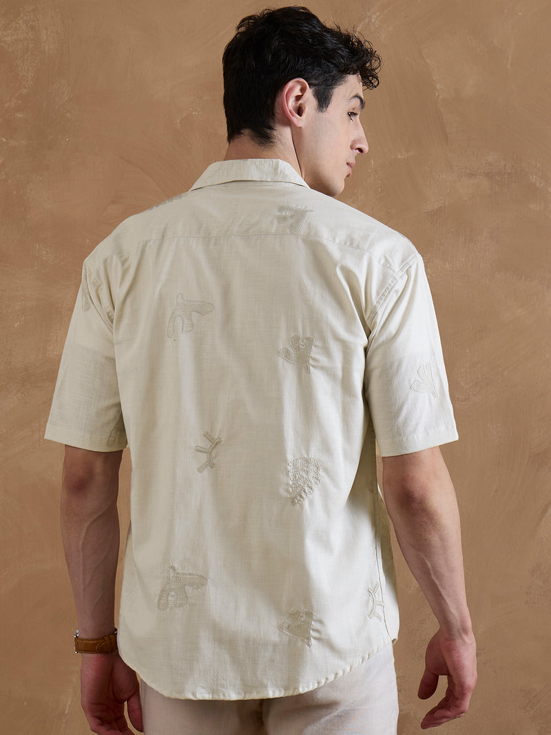 Beige: Half Sleeves Embroidered Shirt