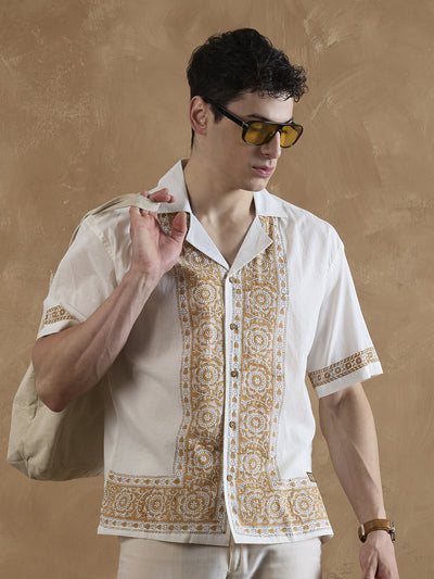 White & Mustard: Half Sleeves Placement Printed Shirt