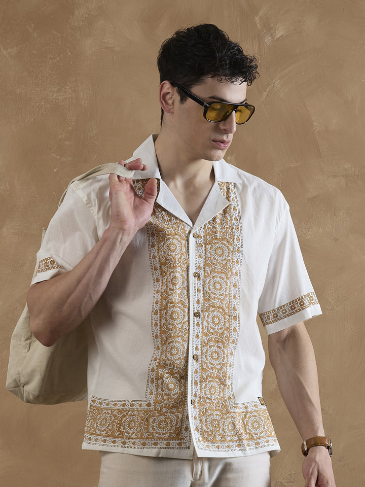White & Mustard: Placement Printed Shirt