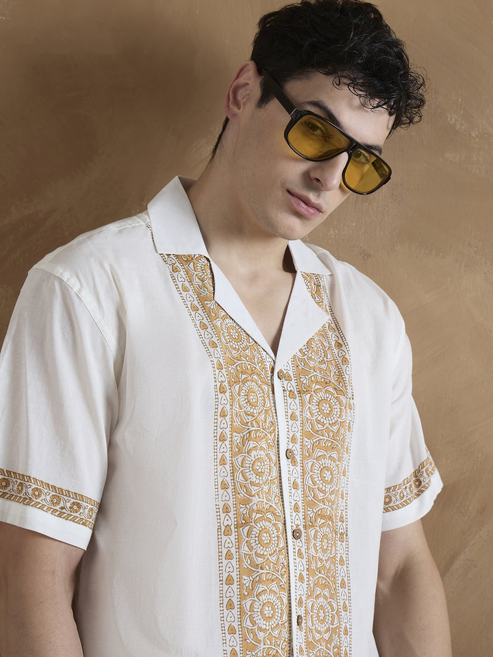 White & Mustard: Placement Printed Shirt