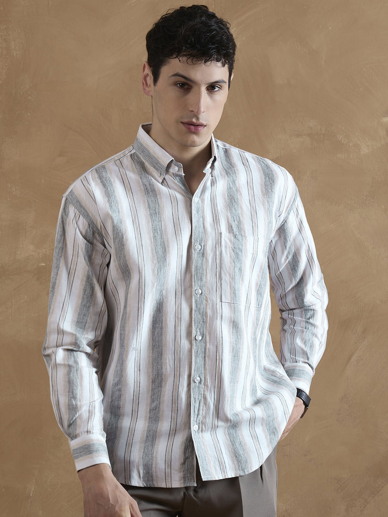 Grey & Cream: Full Sleeves Vertical Stripes Shirt
