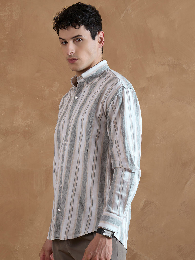 Grey & Cream: Full Sleeves Vertical Stripes Shirt