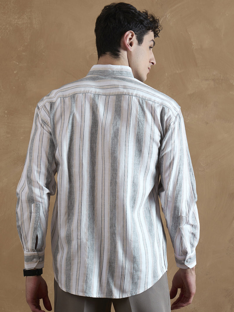 Grey & Cream: Full Sleeves Vertical Stripes Shirt
