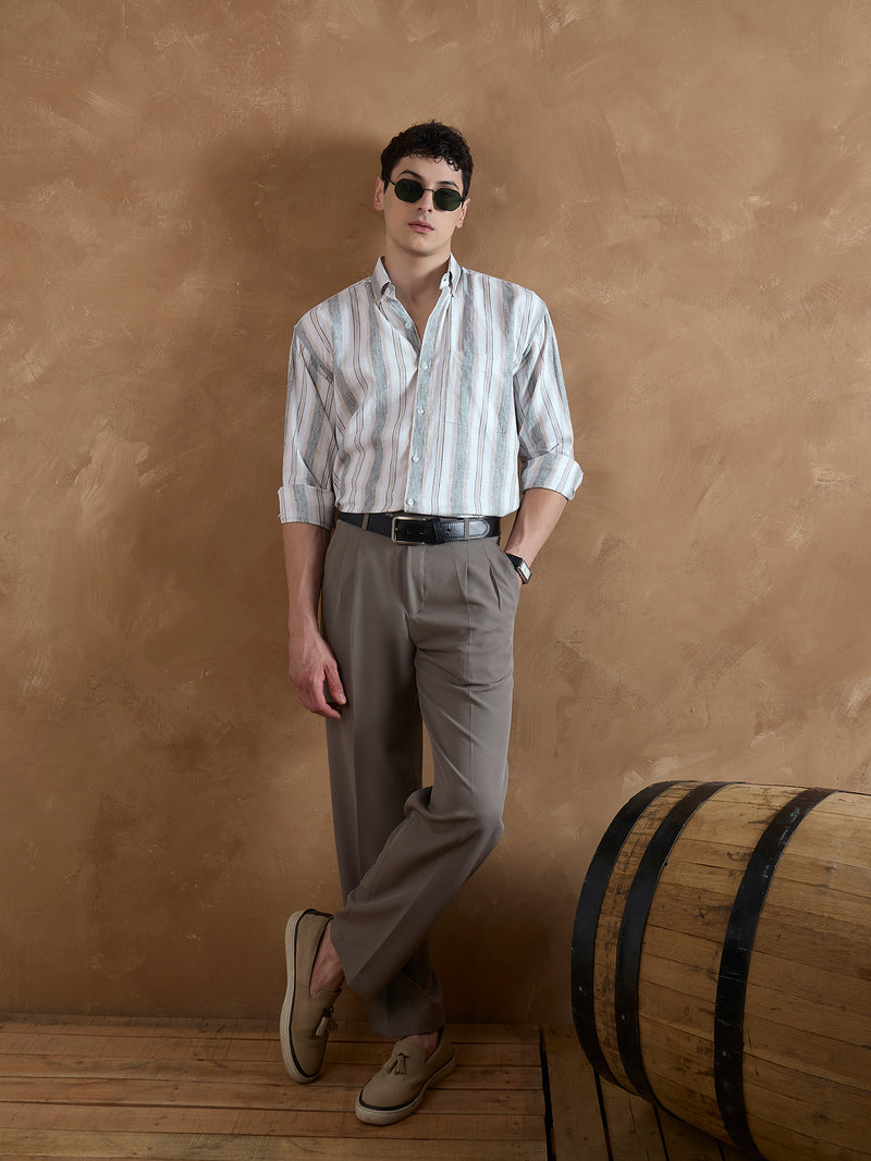 Grey & Cream: Full Sleeves Vertical Stripes Shirt