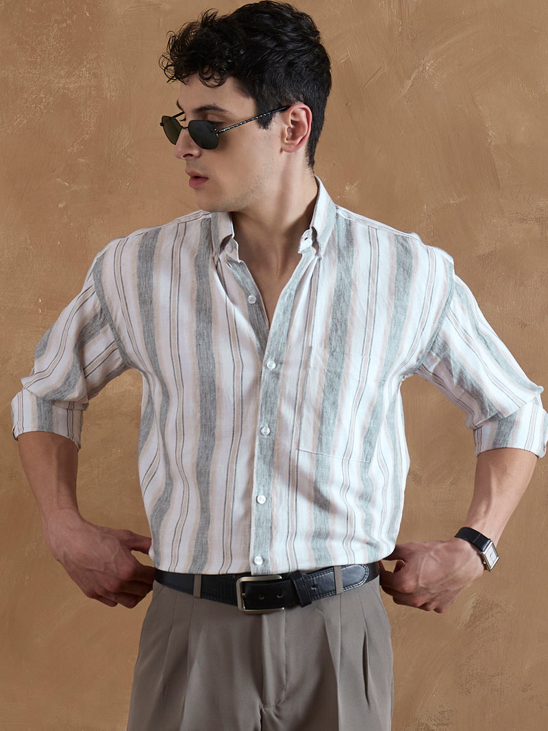 Grey & Cream: Full Sleeves Vertical Stripes Shirt