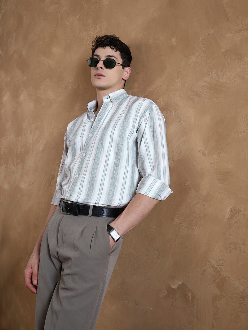 Grey & Cream: Full Sleeves Vertical Stripes Shirt
