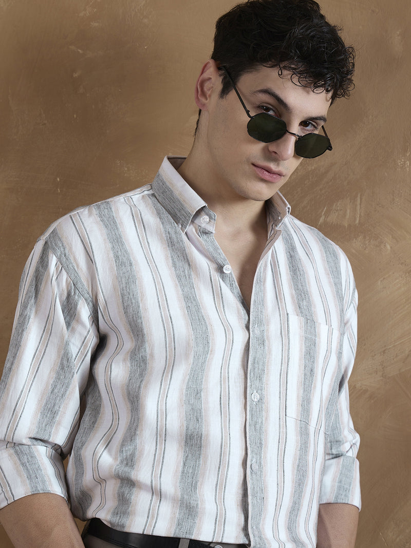 Grey & Cream: Full Sleeves Vertical Stripes Shirt