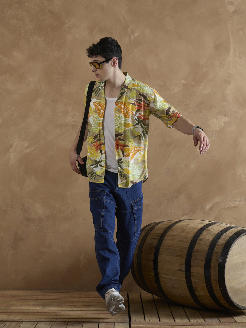 Orange: Half Sleeves Tropical Printed Shirt