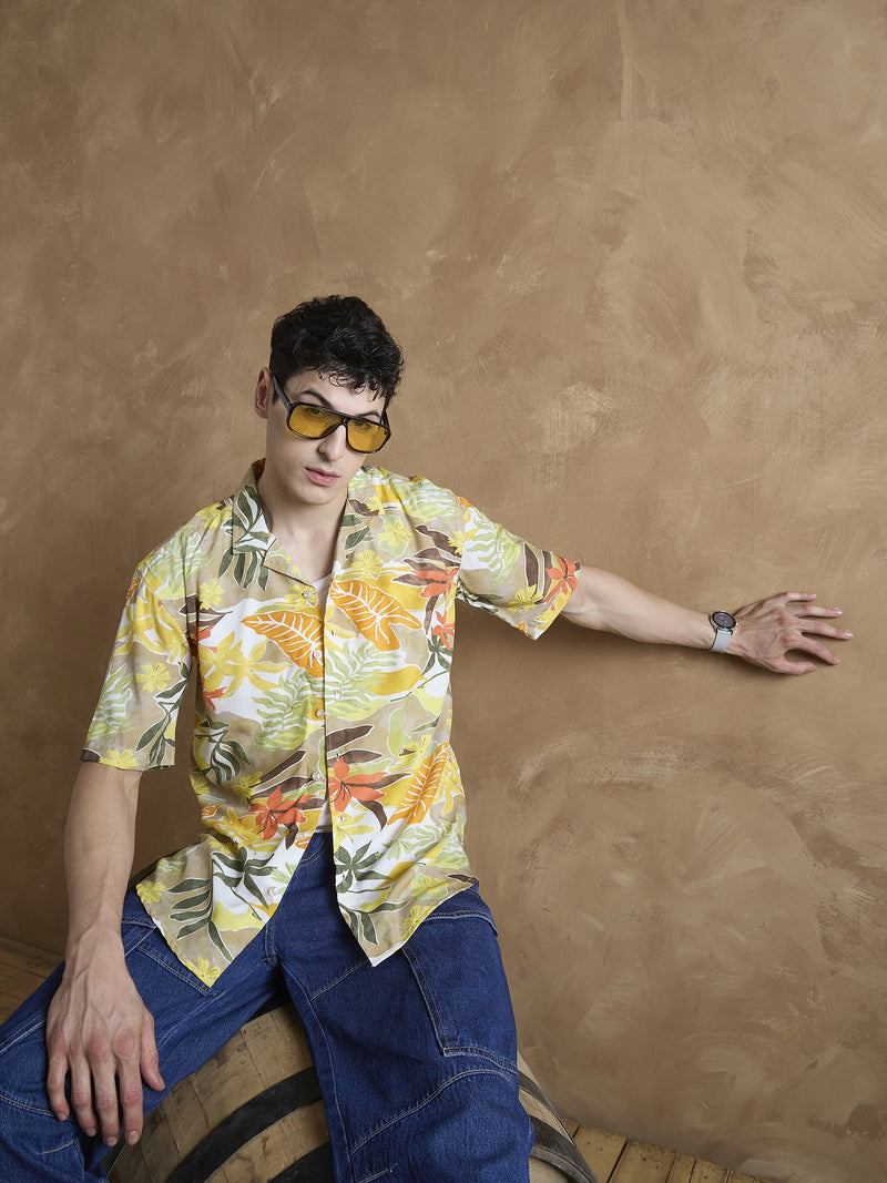 Orange: Half Sleeves Tropical Printed Shirt
