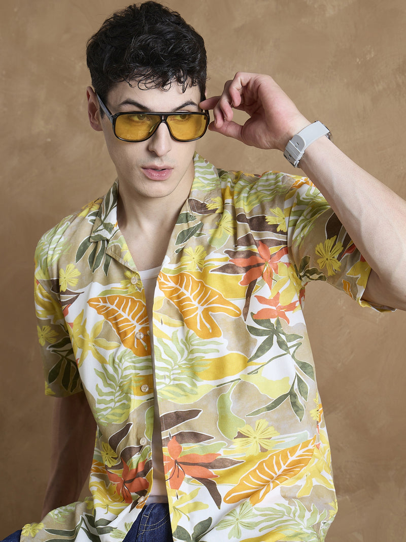 Orange: Half Sleeves Tropical Printed Shirt