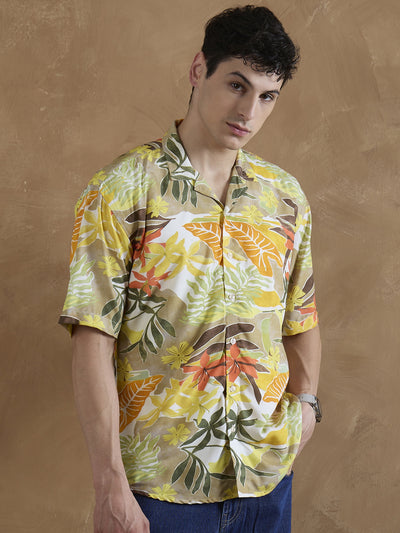 Orange: Half Sleeves Tropical Printed Shirt