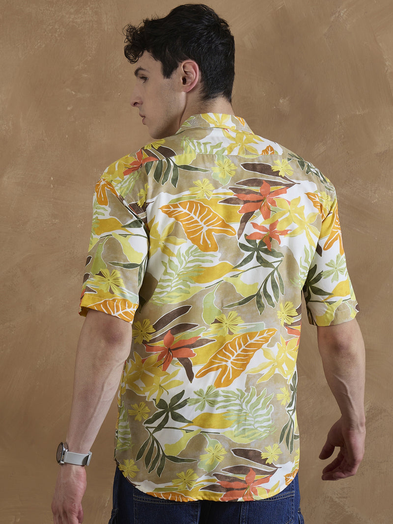 Orange: Half Sleeves Tropical Printed Shirt