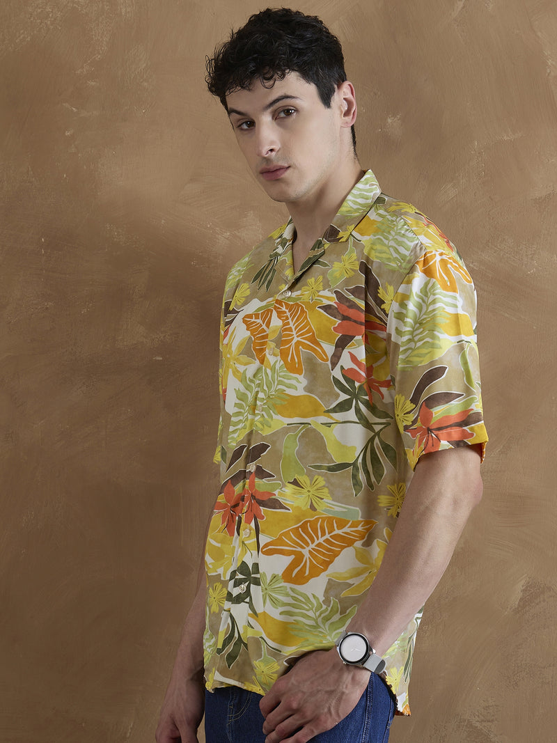 Orange: Half Sleeves Tropical Printed Shirt