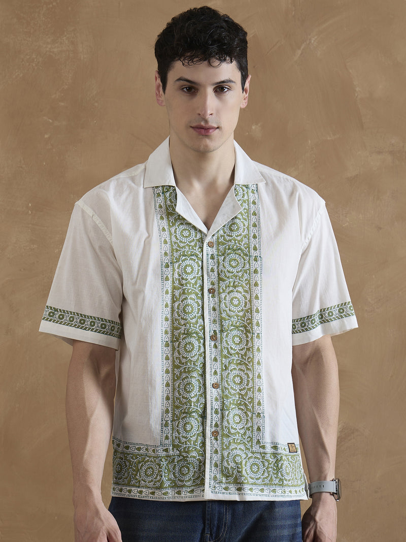 White & Olive: Half Sleeves Printed Shirt
