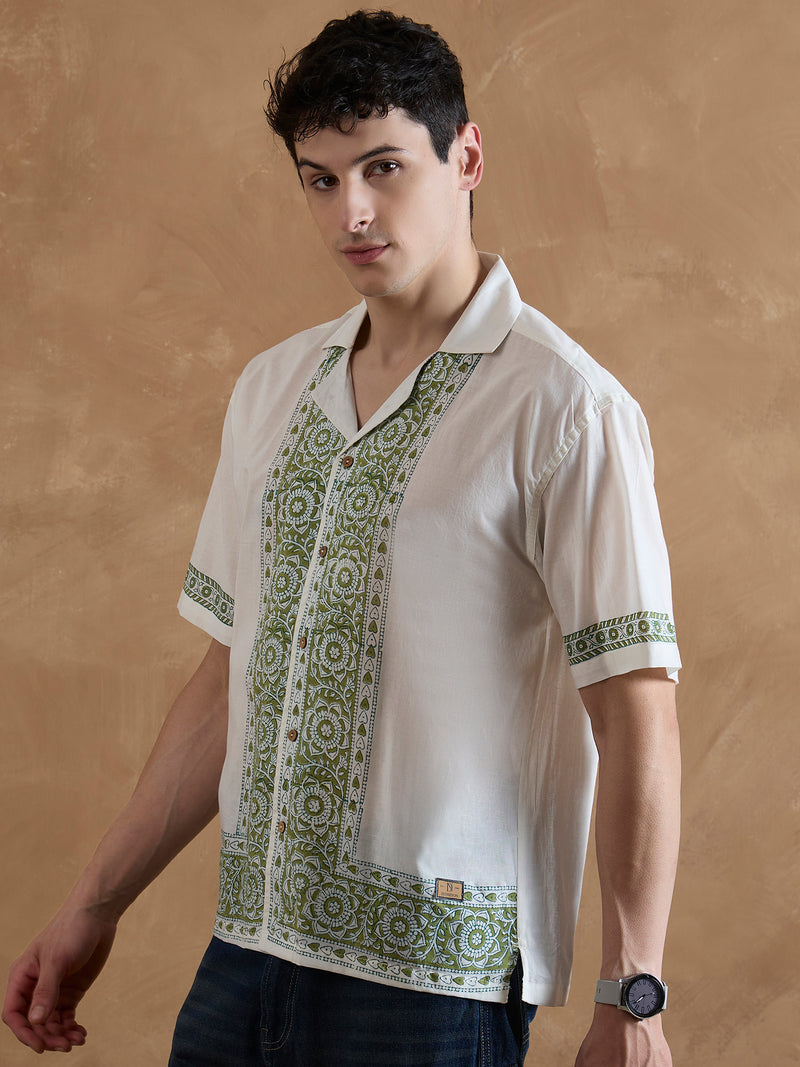 White & Olive: Half Sleeves Printed Shirt