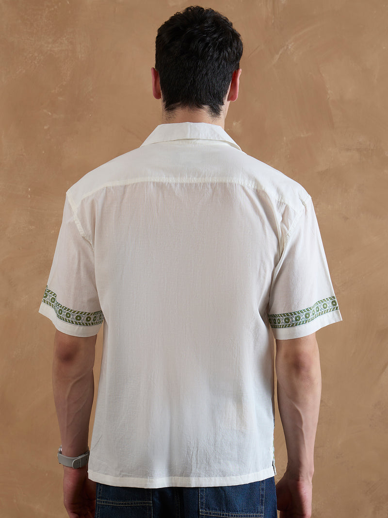 White & Olive: Half Sleeves Printed Shirt